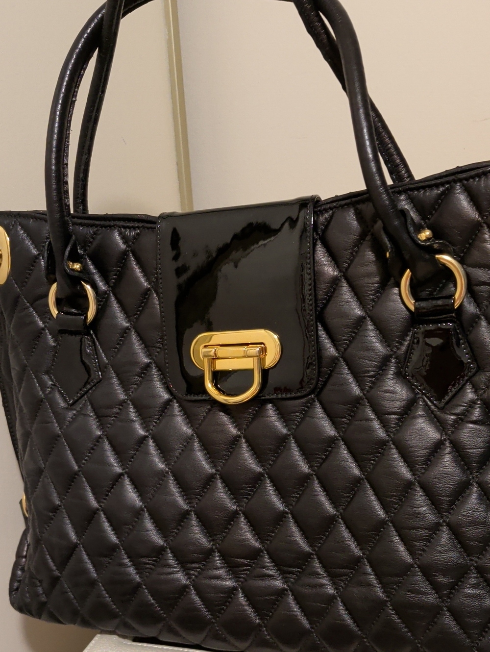 Miss Mak Diamond Shaped Quilted Black Leather Hand/Shoulder Bag Gold Hardware